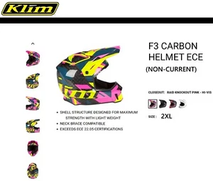Klim F3 Carbon Off Trail Snowmobile Helmet,Raid Knockout Pink/Hi-Vis-2XL - Picture 1 of 5
