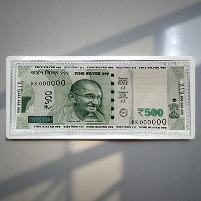 92.5 Sterling Silver Rs 500 Currency Note Old Indian 6.5x2.5in Shagun Gift Pack - Image 1 of 4