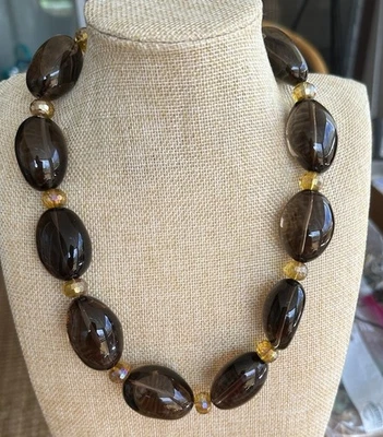 Smokey Quartz Large Bead Necklace - Designer Clasp - Bonus Ring Included - Image 1 of 4