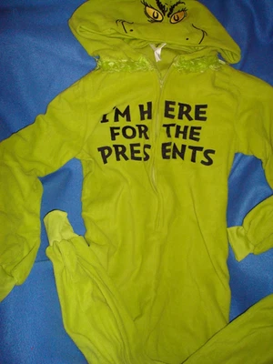 Grinch “ I’m Here For The Presents” Hooded Costume Jumpsuit Pajama  Child L/XL - Image 1 of 4