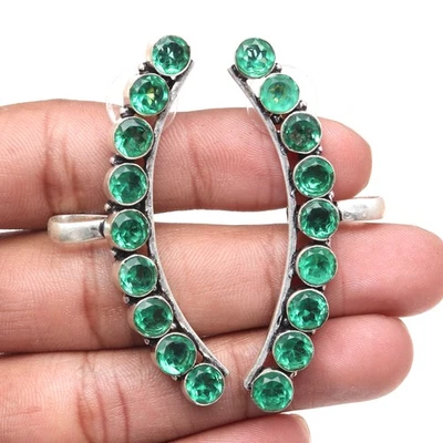 Brinco de alpinista de prata étnica feito à mão com pedra preciosa de quartzo esmeralda 2,5"" - Imagem 1 de 4