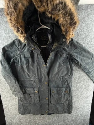 Chaqueta encerada Barbour Dartford para mujer cremallera completa capucha de piel talla 6 EE. UU. lona azul Foto 1 de 4