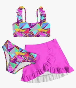 Girls Bathing Suits 3 Piece Swimsuit Summer Bikini Tankini Sets with Cover Skirt - Picture 1 of 5