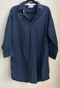 Caryn Lawn Navy Shirt Dress Embroidered Pink Heart Preppy Collared Relaxed O/S - Picture 1 of 8