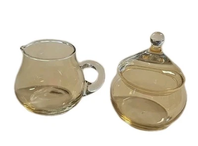 Vintage Handblown Honey/Clear Glass Lidded Sugar & Creamer Set, Clean Lines - Image 1 of 4