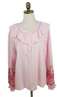 Savannah Jane Womens Pink Embroidered Sleeves Ruffled Neck Top Size L