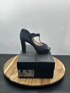 Clarks Women Peep Toe Shoes UK 5.5 D T-Bar Court Navy Suede Buckle Cone Heel - Picture 1 of 15