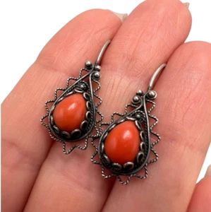 Vintage Soviet Coral Natural Red Jewelry Set 800 Silver Ring & Earrings With Box - Picture 1 of 14