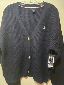 US Polo Assn Women’s botton UP Wool Cashmere Cable Knit Sweater Navy L- Size new - Picture 1 of 5