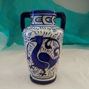 ANTIQUE Blue and White Delft MAJOLICA Vase Urn Pottery 6" Griffin Motif 1920's - Picture 1 of 10