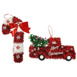 Christmas Vintage Holiday Tinsel Wall Hangings Candy Cane & Pickup Truck - Picture 1 of 7