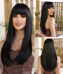 Layered Long Straight Dress Up Wig With Bangs Soft Heat Resistant Black