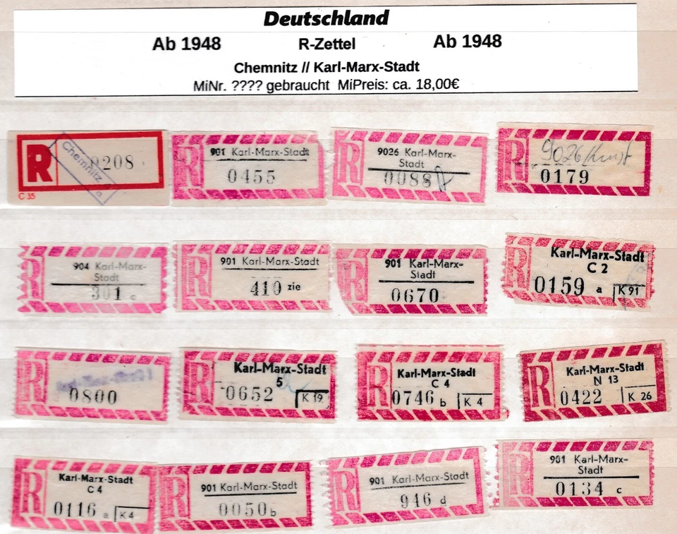alte Einschreibezettel aus Chemnitz/Karl-Marx-Stadt Verschiedene Postämter - Bild 1 von 1