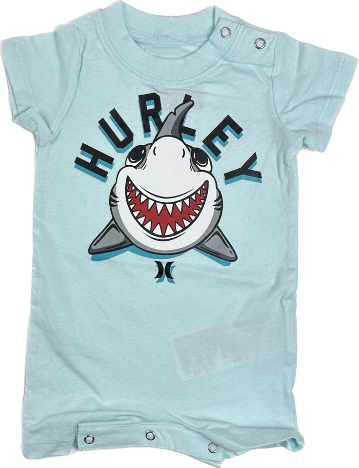 Mameluco de una pieza Hurley Baby azul manga corta algodón logotipo surf estampado tiburón 24 M Foto 1 de 1