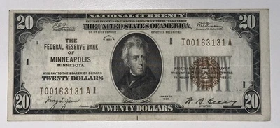 1929 $20 FRBN - MINNEAPOLIS FEDERAL RESERVE BANK NOTE - IN AU CONDITION - Image 1 of 2