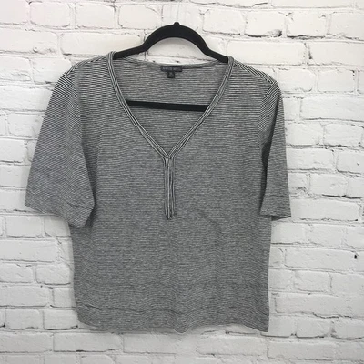 Lafayette 148 Top Womens Extra Large Black Striped Short Sleeve Blouse Linen - Image 1 of 4