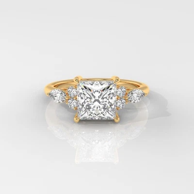 14K Gold Engagement Ring With 1ct Princess Cut Lab Grown Diamond & 3 Side Stones - Image 1 of 4