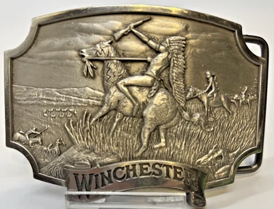 Vintage 1981~ WINCHESTER /Native American ~ Heavy Pewter Olin Corp. Belt Buckle - Image 1 of 3
