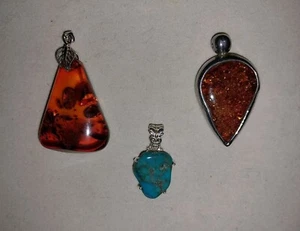 Vintage STERLING Silver 925 PENDANTS LOT Amber & Turquoise Jewelry Lot ๐ - Picture 1 of 9