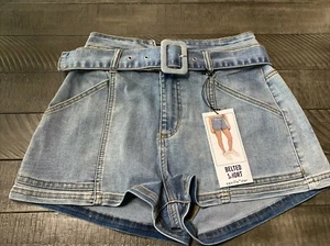 Vanilla Star Juniors 27/5 Belted Square Pockets 2” Inseam Denim Shorts - Picture 1 of 13