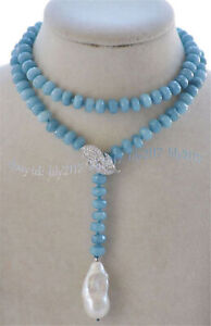 5x8mm Natural Blue Aquamarine Rondelle Gems White Baroque Pearl Pendant Necklace