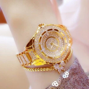 Full Diamond Luxury Women Watch Round Face Stylish Gold Women's Wrist Watch - Picture 1 of 9