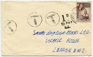 GOLD COAST OPON VALLEY POSTAGE DUE T CIRCLED 3 TIMES to GB - Picture 1 of 2