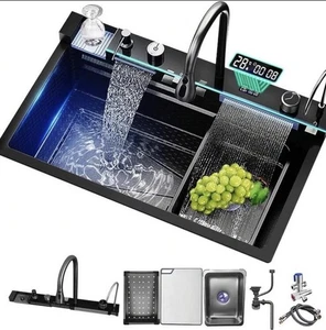 Küchenspüle, Unterbau-Spülbecken aus Edelstahl im Wasserfall-Stil LED-Digital - Bild 1 von 3
