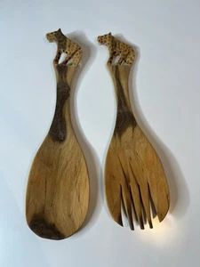 VINTAGE AFRICAN HAND CARVED CHEETAH WOOD SALAD UTENSIL SERVING SET FORK SPOON - Picture 1 of 4