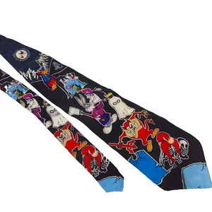 Vintage Looney Tunes Halloween Neck Tie Mania 1995 Black Silk DAMAGED Taz Bugs - Picture 1 of 10