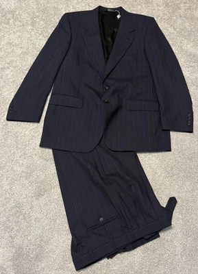 Vintage Burberry Suit Mens Navy Blue 2 Piece Pinstripe Classic England Designer - Image 1 of 4