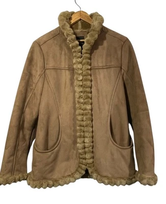 Esprit Womens Faux Suede Zip Up Coat Jacket Faux Fur Trim Brown Sz M Penny Lane - Image 1 of 4