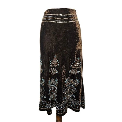 90s Vintage Bohemian Gypsy Skirt Velvet Brown Beaded Midi Festival Whimsigoth 12 - Image 1 of 4