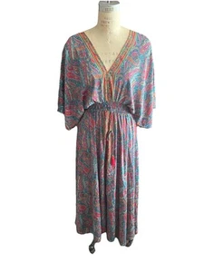 NWOT Silk Dress Caftan Resort Wear Boho Hippie Ethnic Maxi Paisley M/L - Picture 1 of 7