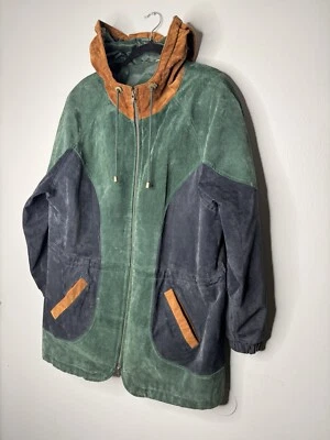 Chaqueta de Cuero Gamuza Vintage Preston And York Verde Azul Marrón Tostado Azul Marino Grande Foto 1 de 4