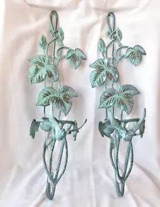 Vtg Set Wall Sconce Floral w/Humming Bird Brass w Green Patina 19'' Cottagecore - Picture 1 of 13