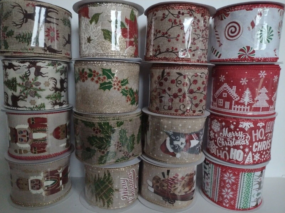 OAKTREE, APAC Wired Woven Christmas Ribbon Festive Prints Wreaths Tree Decoration 63mm x 1M