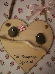 Kiesel Kunst FREUND Geburtstag Holz Herz Vögel Handarbeit wunderschön - Bild 1 von 6