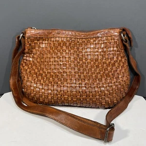 Vilenca Holland Brown Leather Woven Purse Crossbody Shoulder Strap Zip Close Bag - Picture 1 of 18