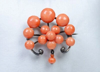 800 Argento - Antico Spilla - Corallo U.Perline - Vittoriana/Biedermeier - Immagine 1 di 4