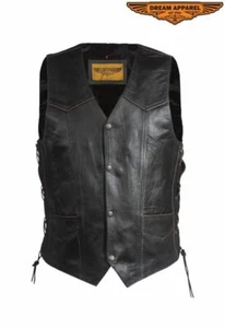 Men's Motorcycle Retro Black Leather Vest w/ USA Eagle Embossed Design & Pockets - Picture 1 of 6