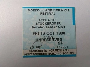 Attila the Stockbroker Norfolk & Norwich Festival Gig Concert Ticket 1998 - Foto 1 di 2