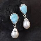 Natural Larimar Earrings Pearl Drop Dangle Sterling Silver Jewelry Mother's Gift