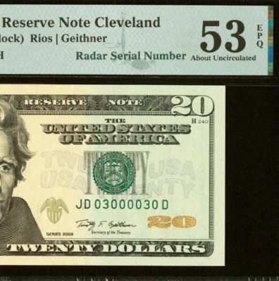 2009 $20 Federal Reserve Note PMG 53EPQ - Fancy Radar Serial Number 03000030 - Image 1 of 3