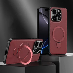Für iPhone 16 Pro Max 16e 15 14 PU Leder Gummi Hülle mit Mag Safe Ring Ständer - Bild 1 von 10