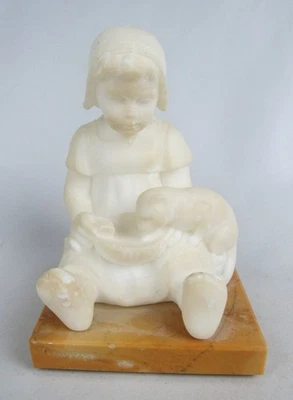 Antique Alabaster Little Girl with Cat in Lap Drinking Sculpture Figurine - Image 1 of 4