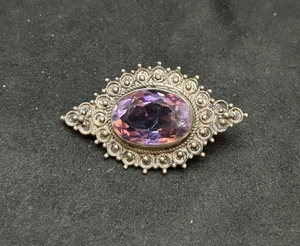 925 Sterling Antique Amethyst Stone Brooch Pin 1.25in - 3.74g - Picture 1 of 3