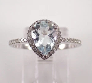Anillo de compromiso de oro blanco con halo de diamantes y aguamarina piedras preciosas Aqua March - Imagen 1 de 7