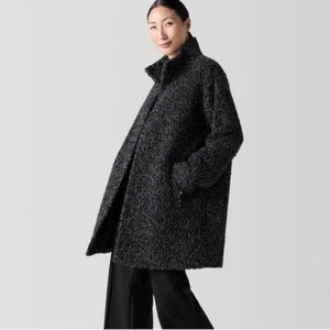 Eileen Fisher Black  Curly Alpaca Wool Stand Collar Coat Sz M $698 - Picture 1 of 7