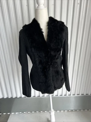 Neiman Marcus Black Leather Rabbit Fur Long Sleeve Zip-Up Cardigan | Sz: M - Image 1 of 4